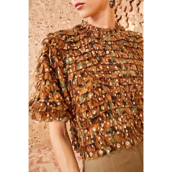 Ulla Johnson Silk-Blend Metallic Short-Sleeve Ruffle Carmella Blouse - Picture 4 of 6